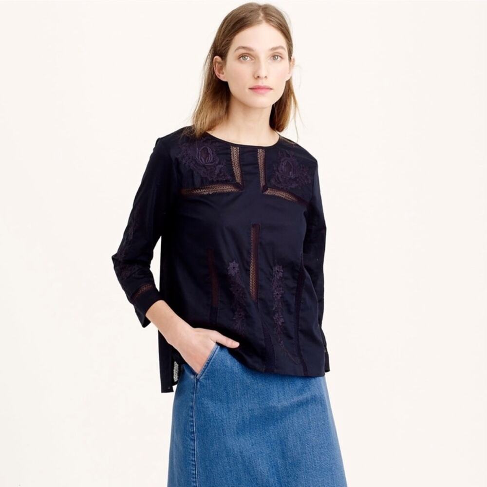 J. Crew Navy Blue Lace Embroidered Top